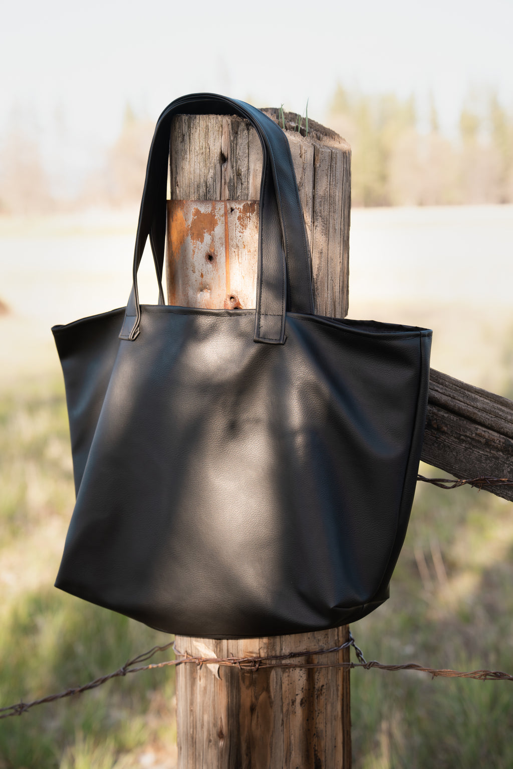 Black Leather Tote with Divider and Pockets