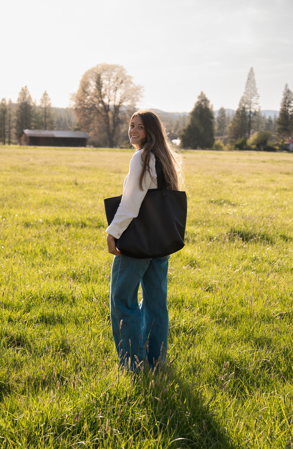 Black Leather Tote with Divider and Pockets