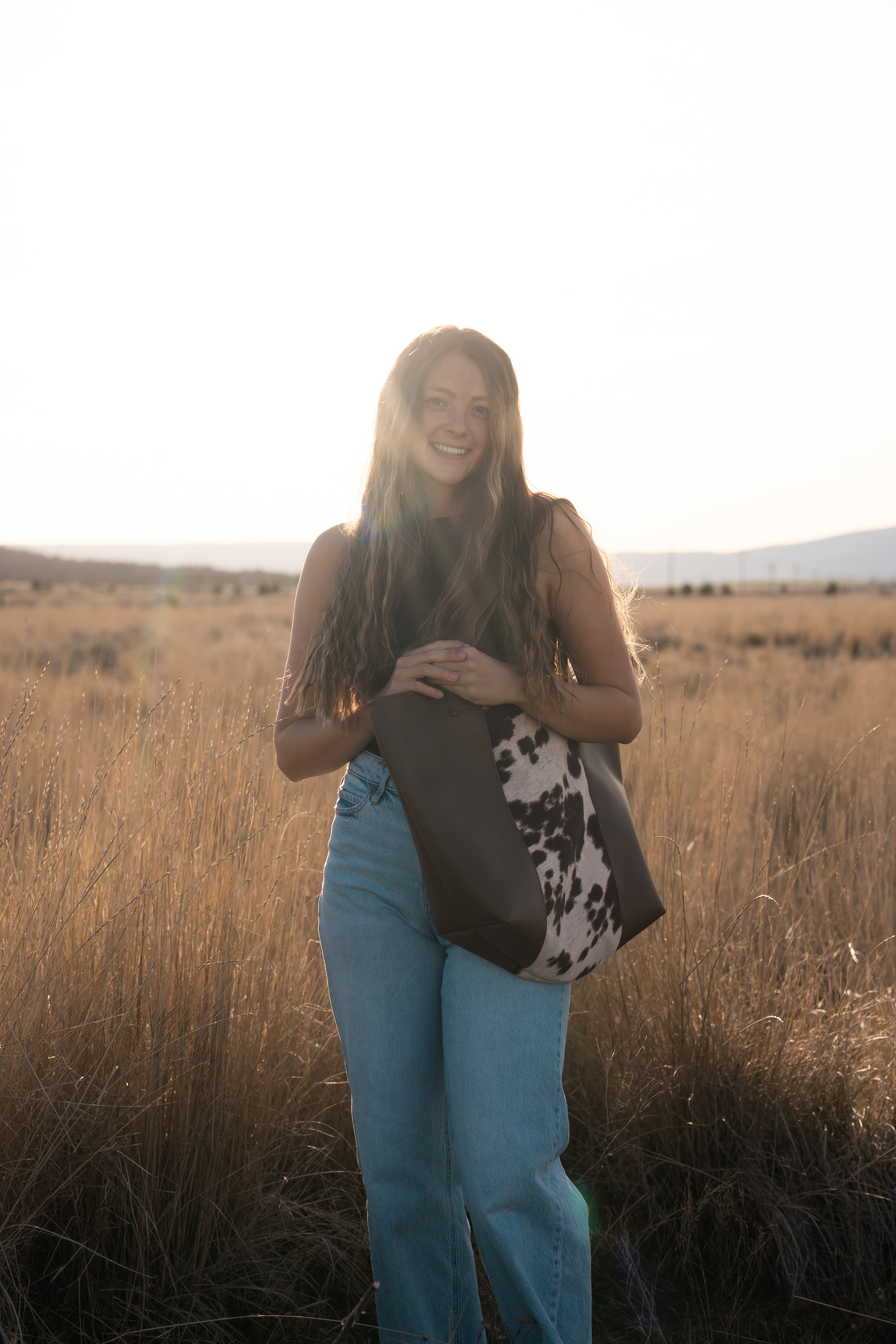 Two Toned Brown Leather Cowhide Tote