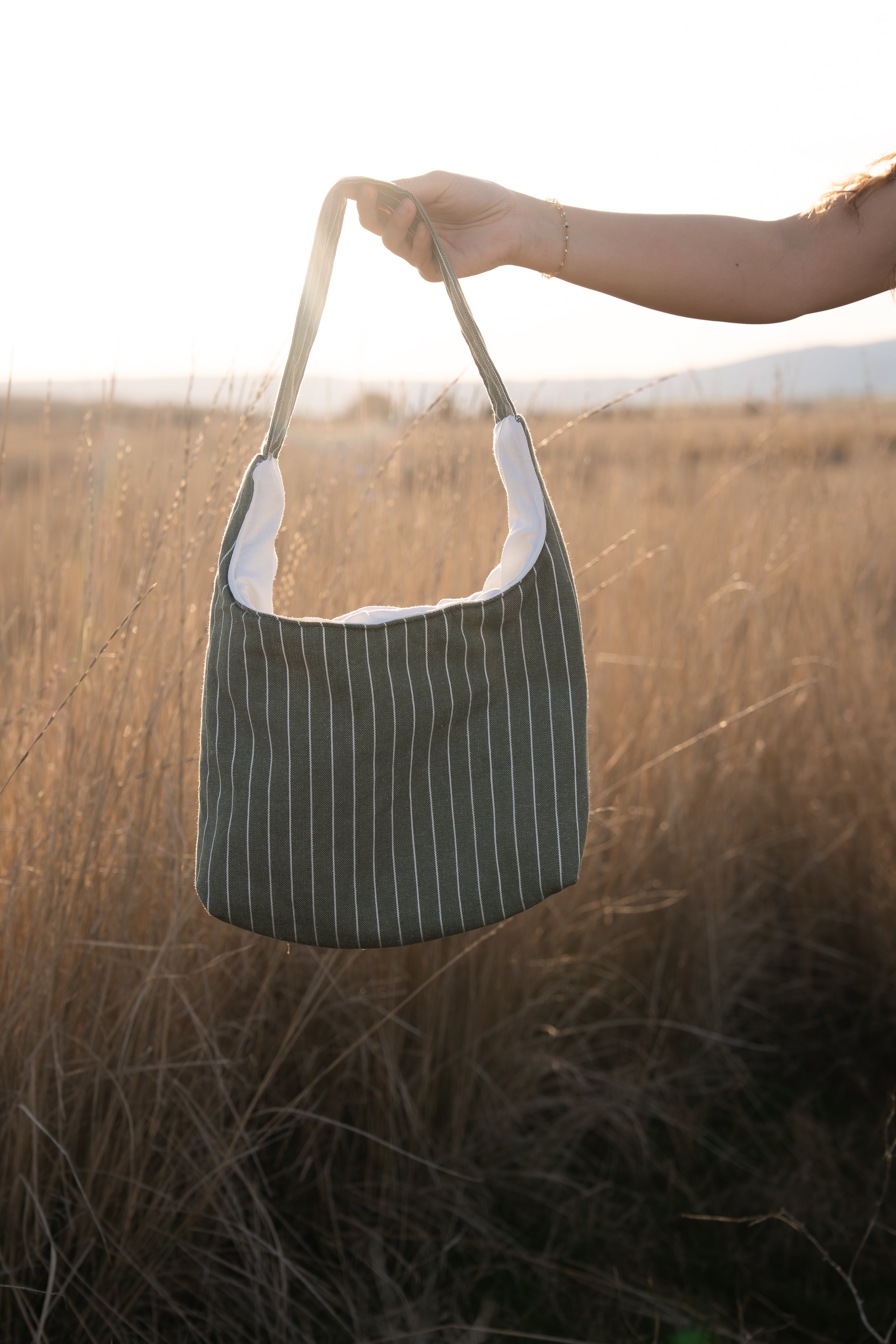 Green and White Stripes Hand Bag