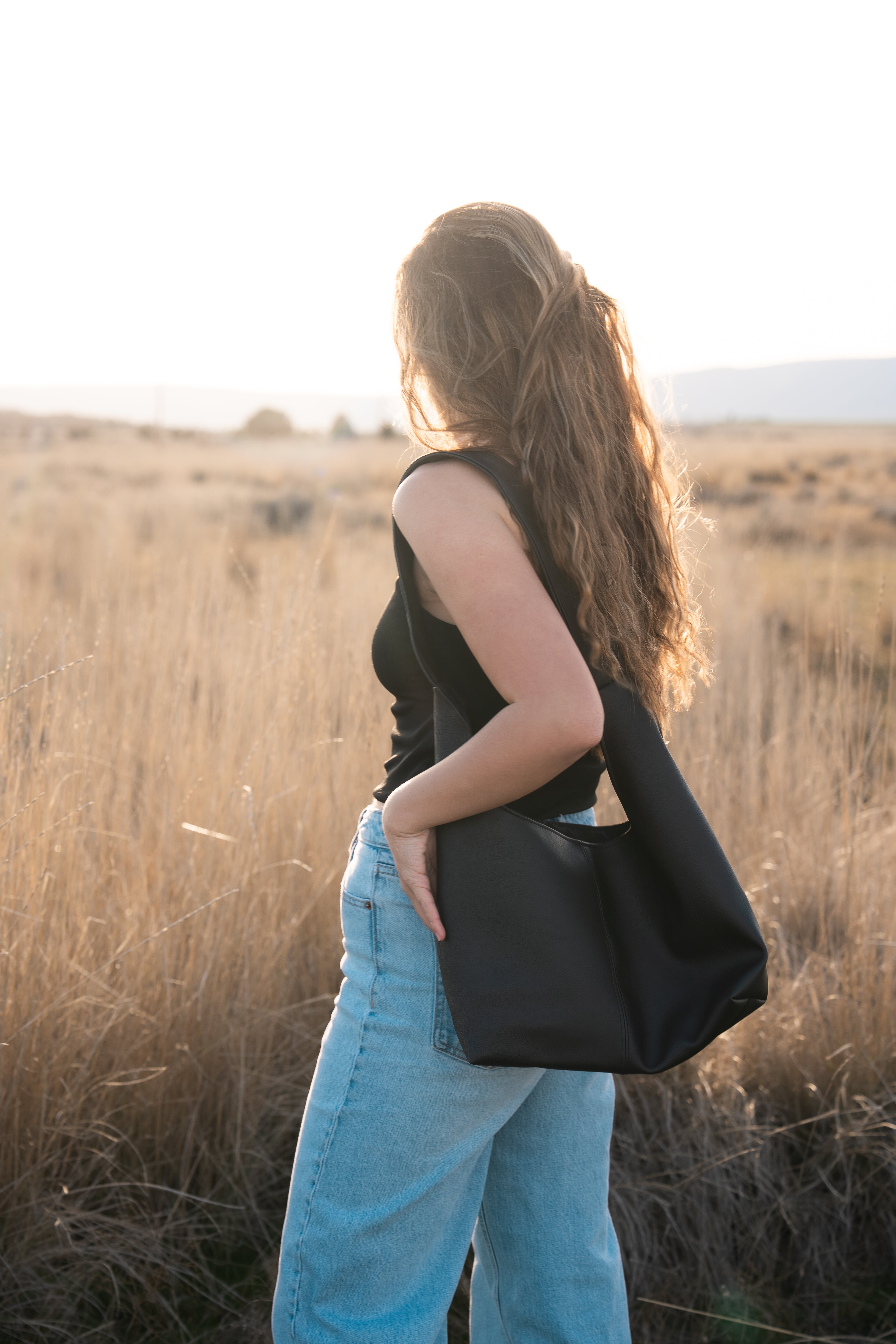 Black Leather with Middle Detail Hand Bag