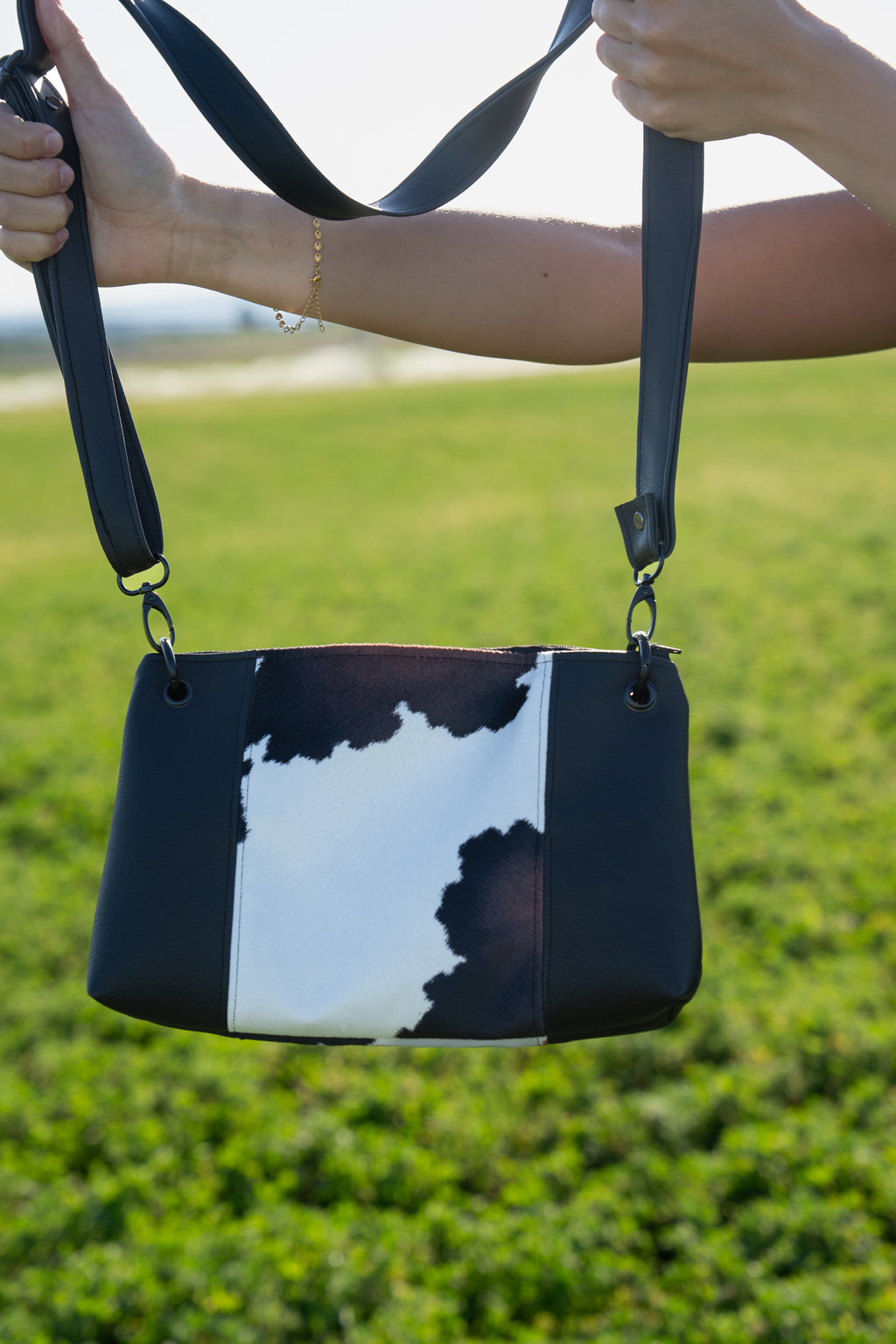 Two Toned Leather & Cow Print Crossbody Purse