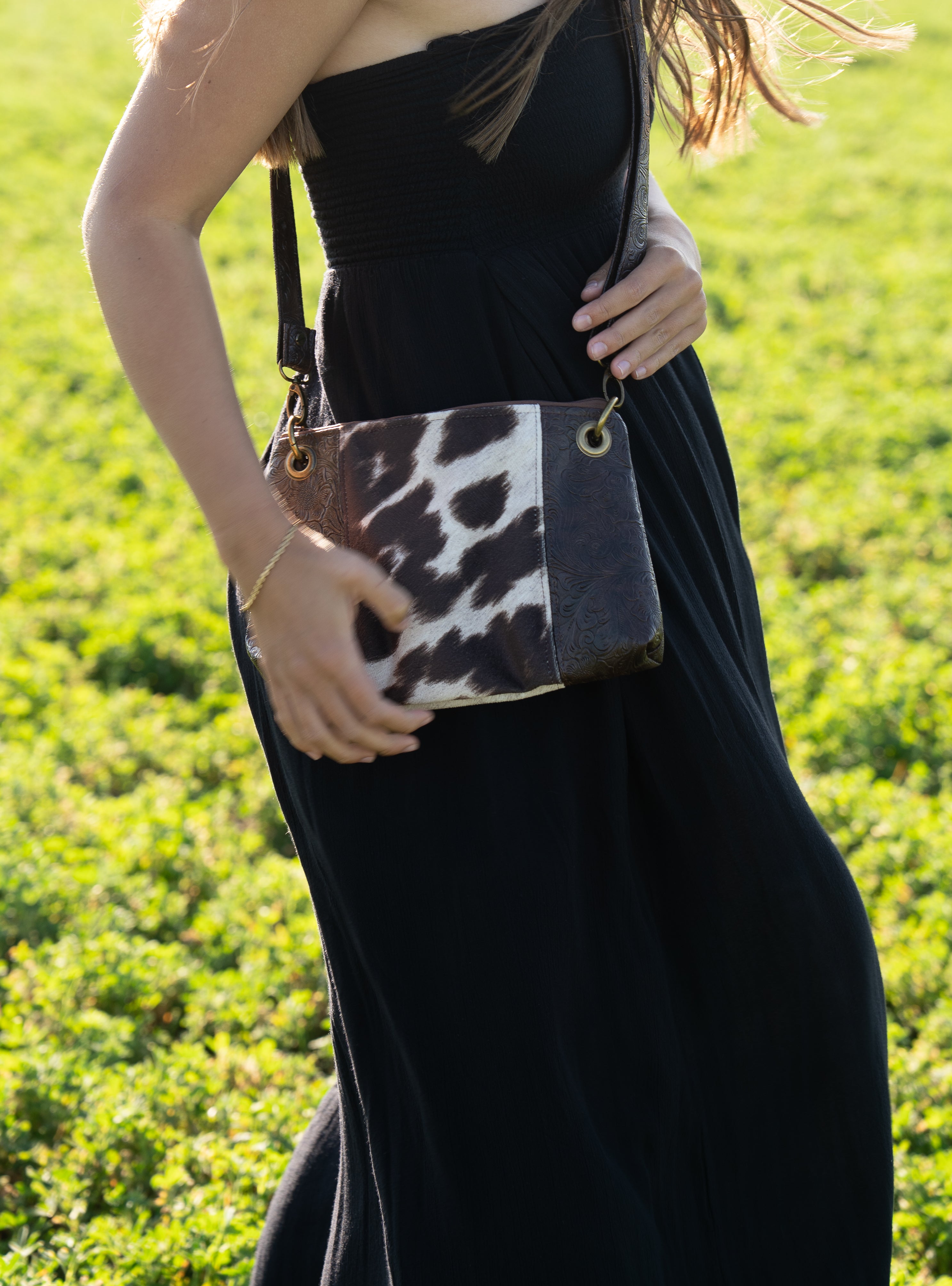 Two Toned Detailed Leather & Cowhide Crossbody Purse