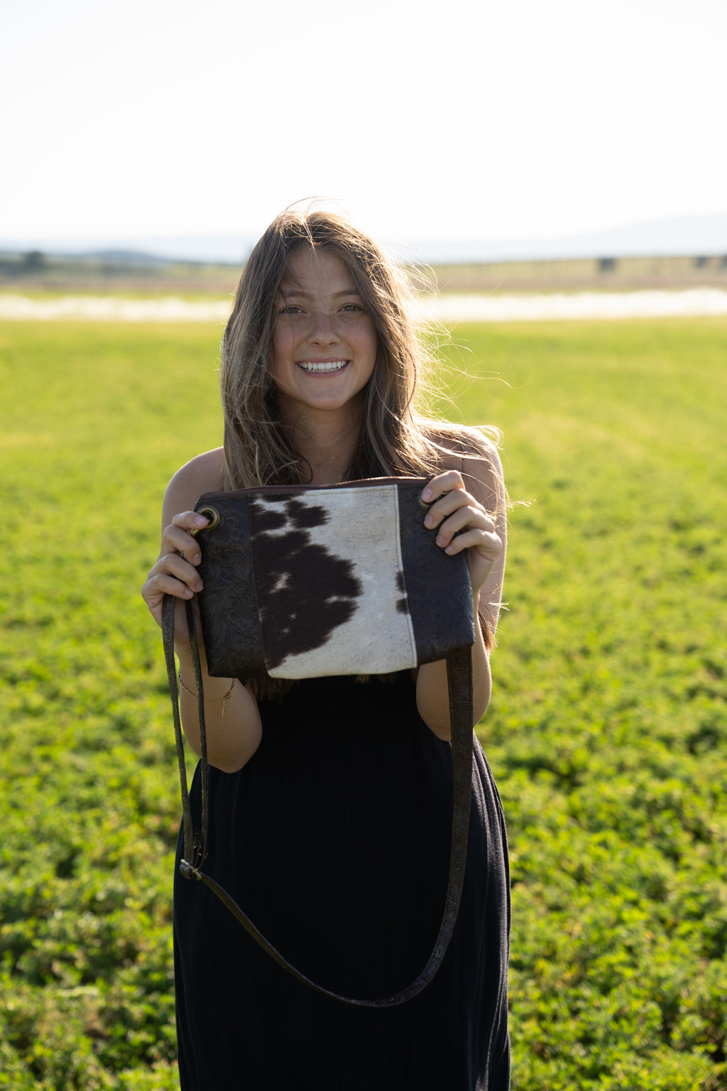 Two Toned Detailed Leather & Cowhide Crossbody Purse