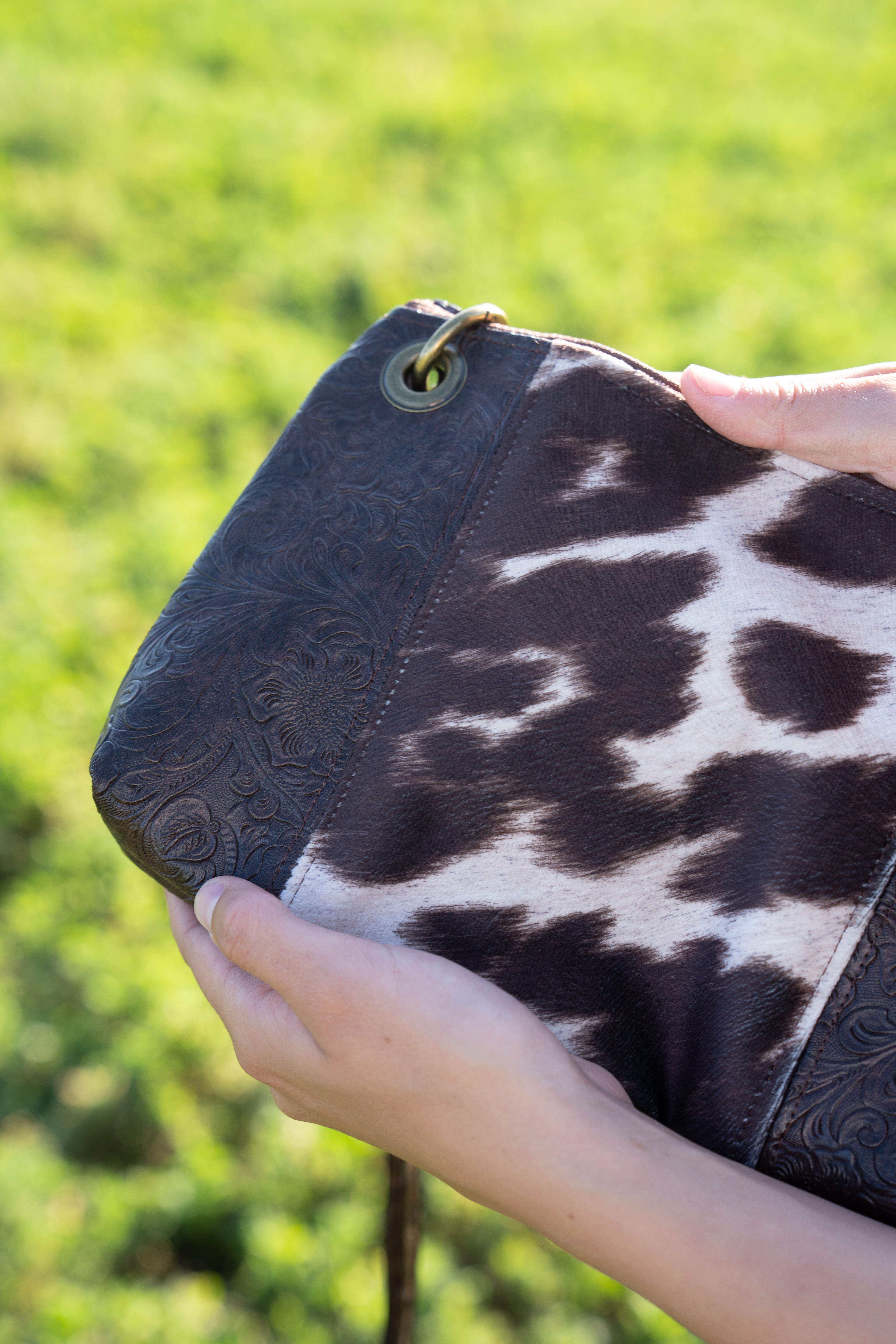 Two Toned Detailed Leather & Cowhide Crossbody Purse