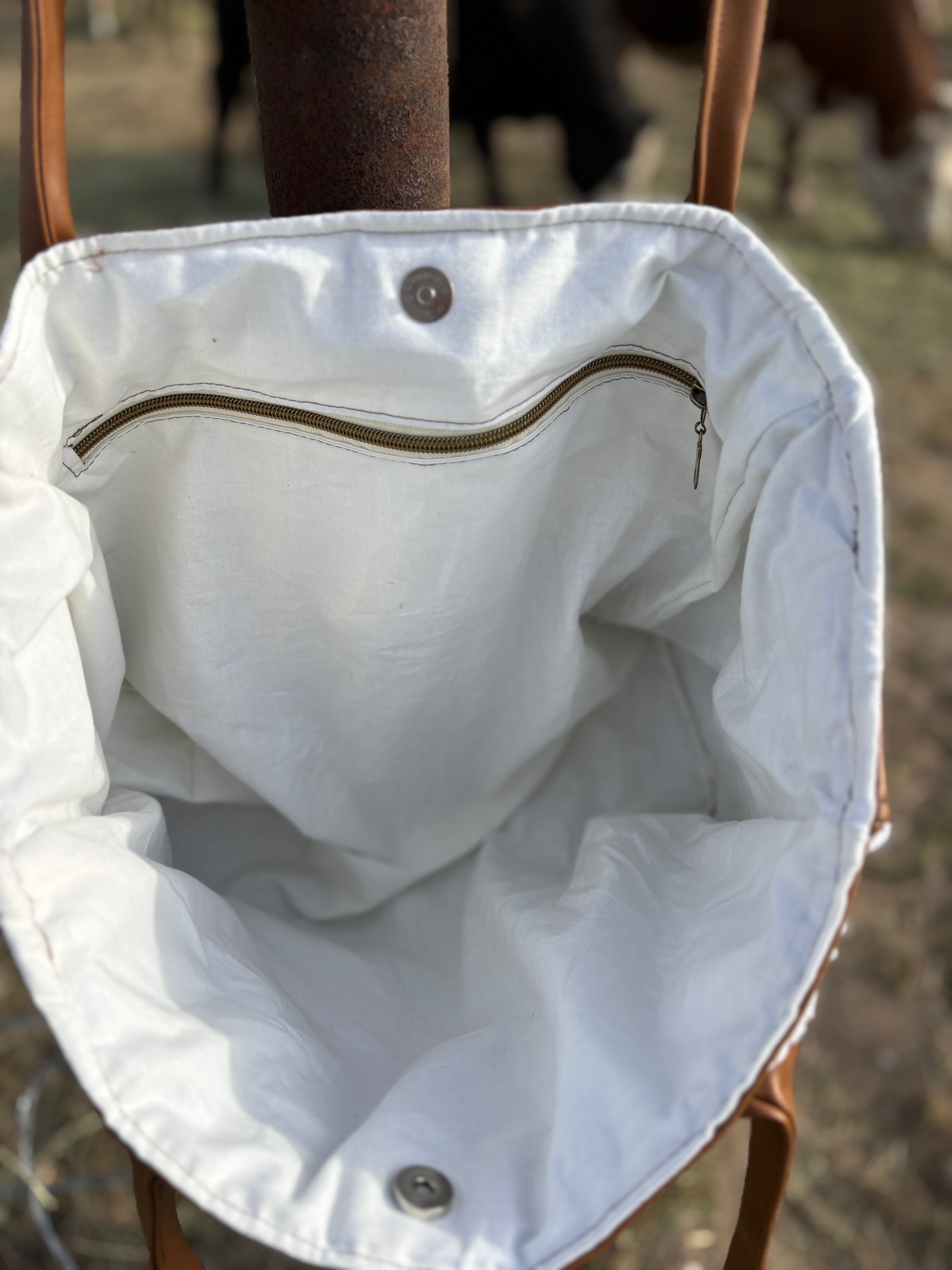 Horse Blanket and Light Brown Leather Square Tote