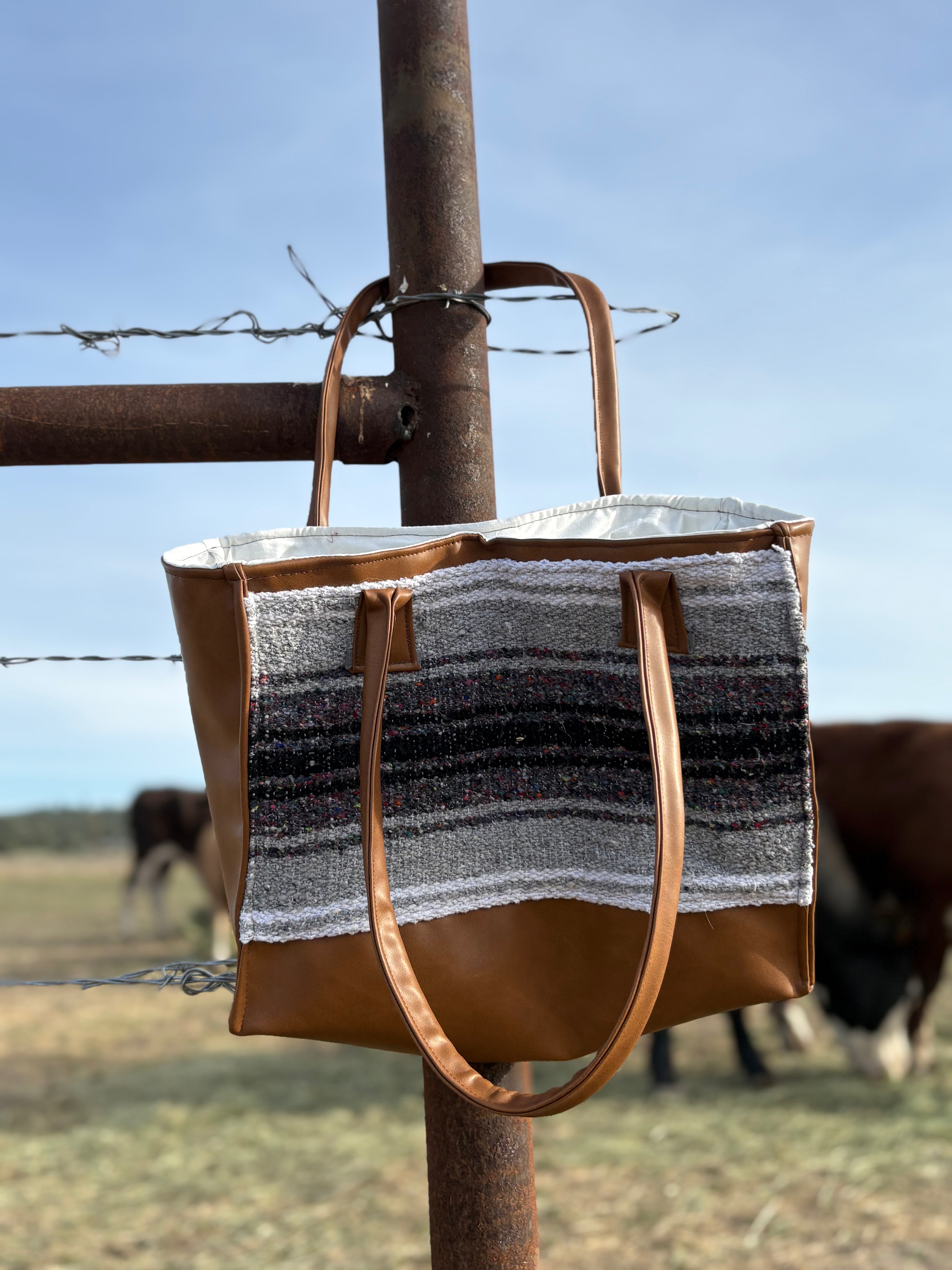 Horse Blanket and Light Brown Leather Square Tote