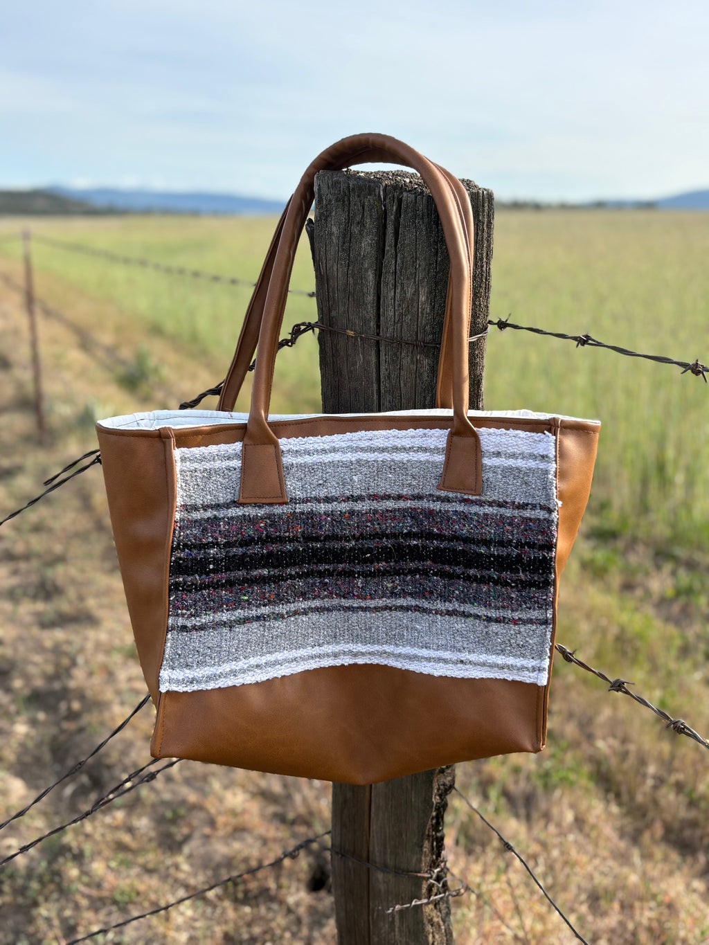 Horse Blanket and Light Brown Leather Square Tote